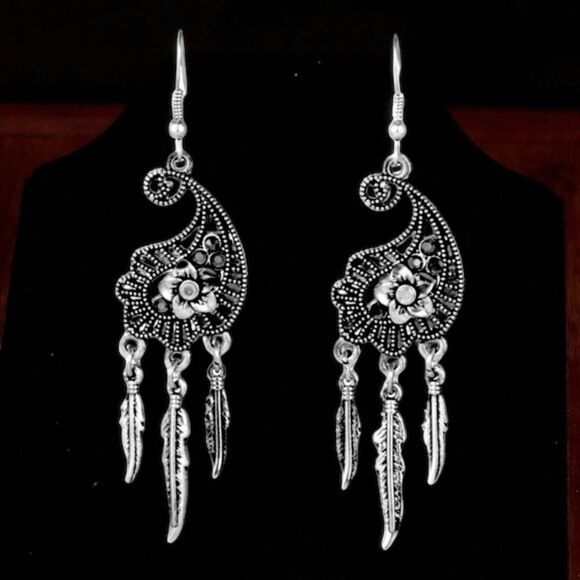 Boho Western Silver Floral Feathers Tassel Dangle Earrings NEW - Picture 2 of 3